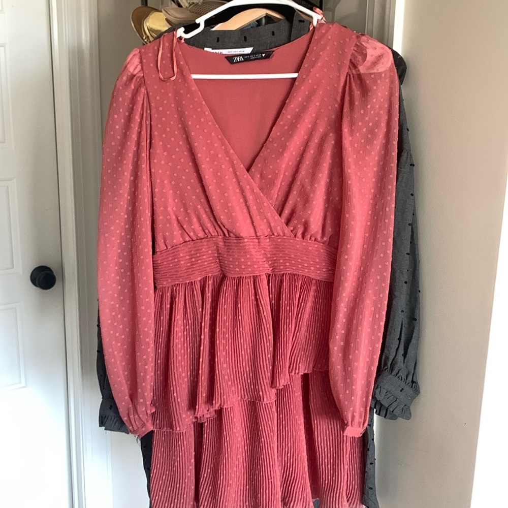 Zara pink Swiss dot dress with ruffles